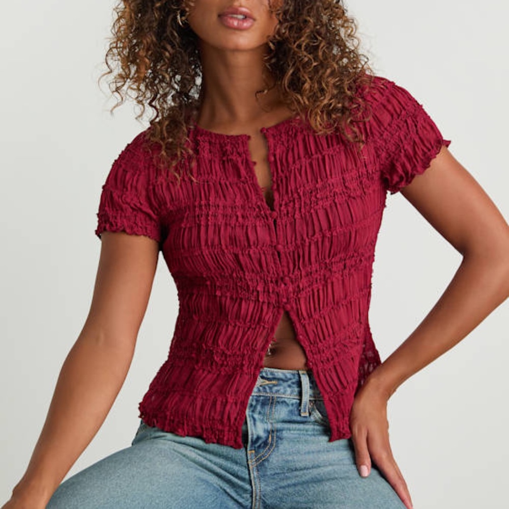 Lulus Tatiana Wine Red Sheer Textured Button-front Top - Size S